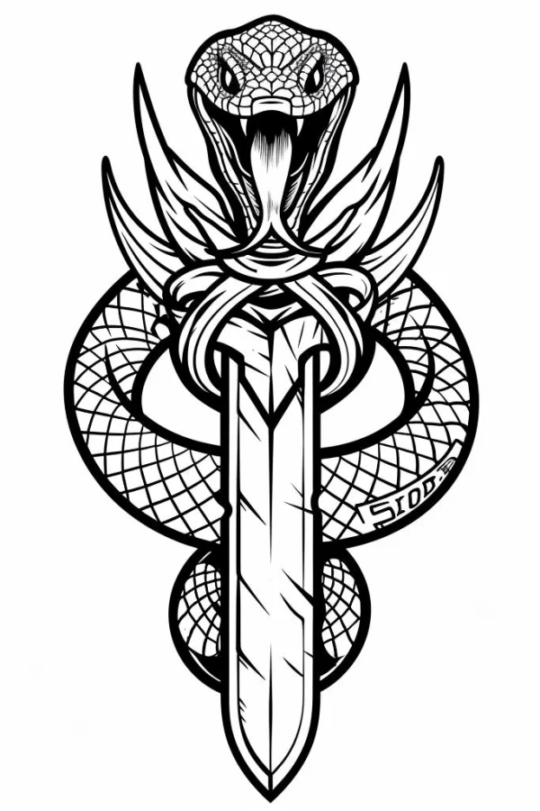 Snake wrapped around a sword, dark totem style — free printable dark coloring book page