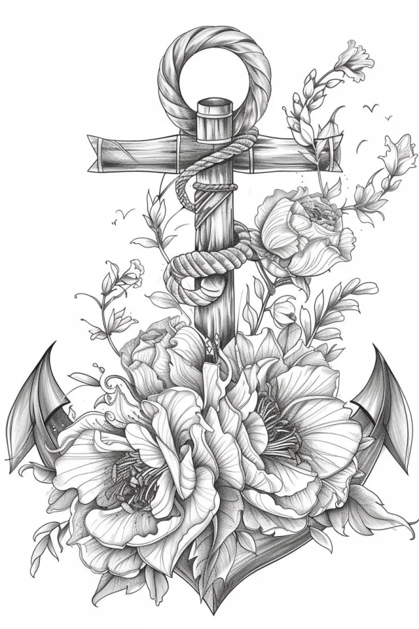 Anchor wrapped with twine surrounded by peonies and roses, sketch style — free printable items coloring book page