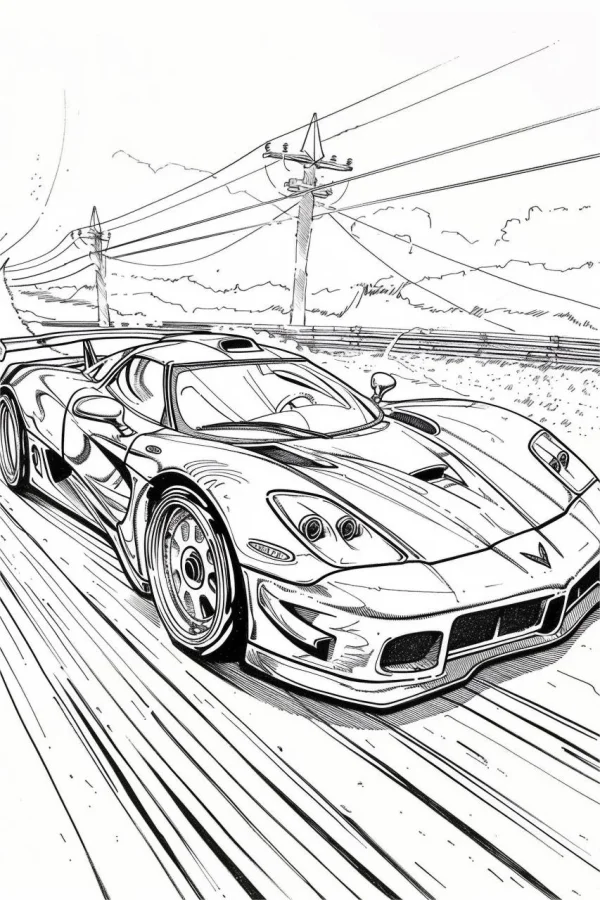 Racing sports car driving on highway, realistic line art style — free printable racing coloring book page