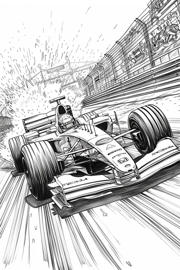 F1 racing car with driver, comic style — free printable racing coloring book page