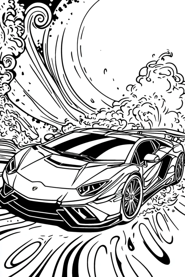 Dynamic sports car, line art illustration style — free printable racing coloring book page