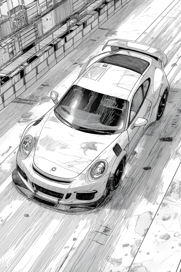 Track sports car on asphalt race track, realistic sketch style — free printable motorsport coloring book page