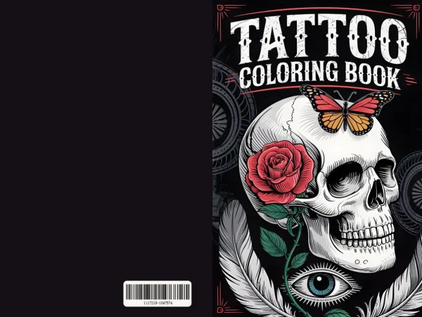 Cover of tattoo coloring book, tattoo-style skull with red rose — free printable tattoo coloring book page