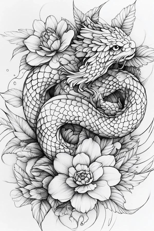 Dragon wrapped around peony flowers, tattoo sketch style — free printable dragon coloring book page