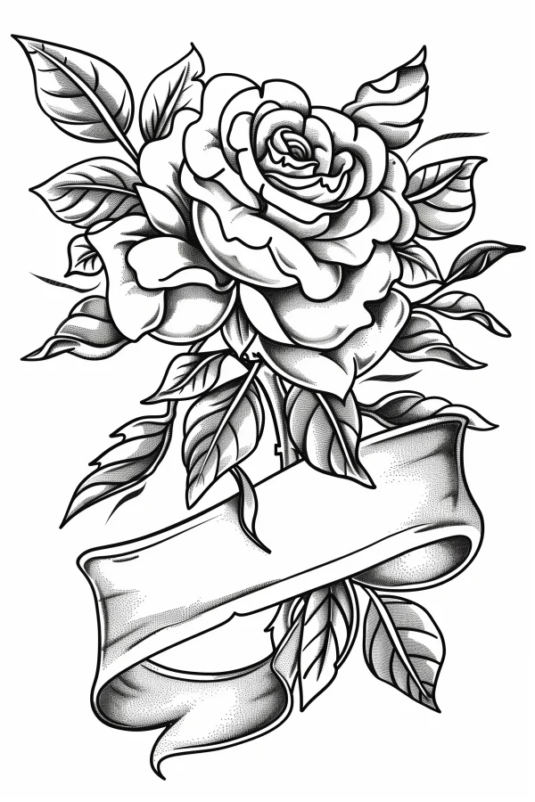 Rose with decorative ribbon, retro tattoo style — free printable decor coloring book page