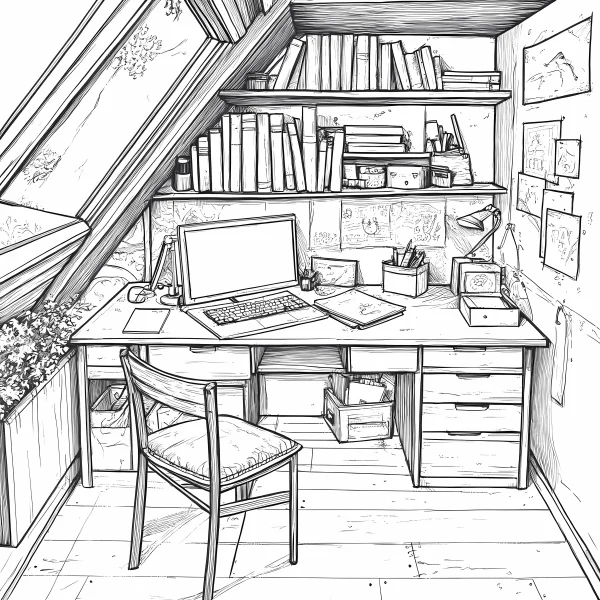 Attic study workspace with desk, chair and laptop — free printable study coloring book page