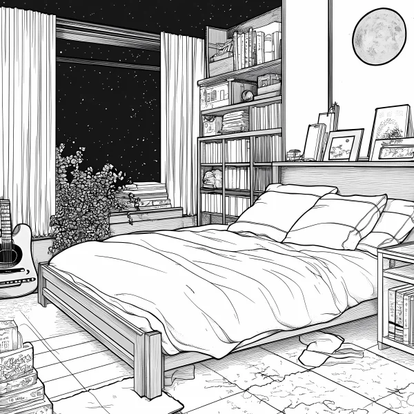 Cozy bedroom night scene, realistic illustration style — free printable night scene coloring book page