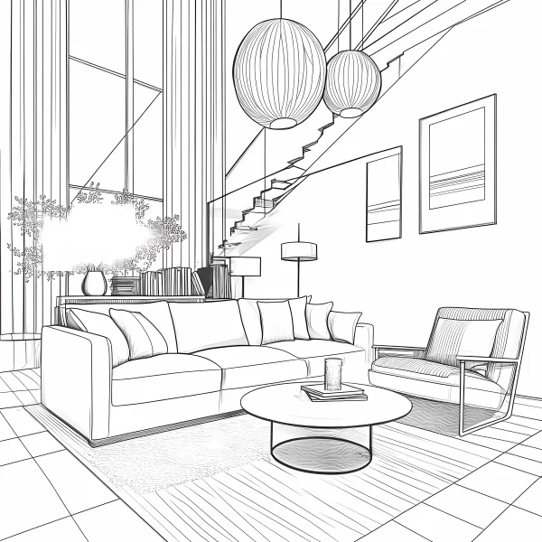 Modern minimalist living room interior scene, realistic line art style — free printable family life coloring book page