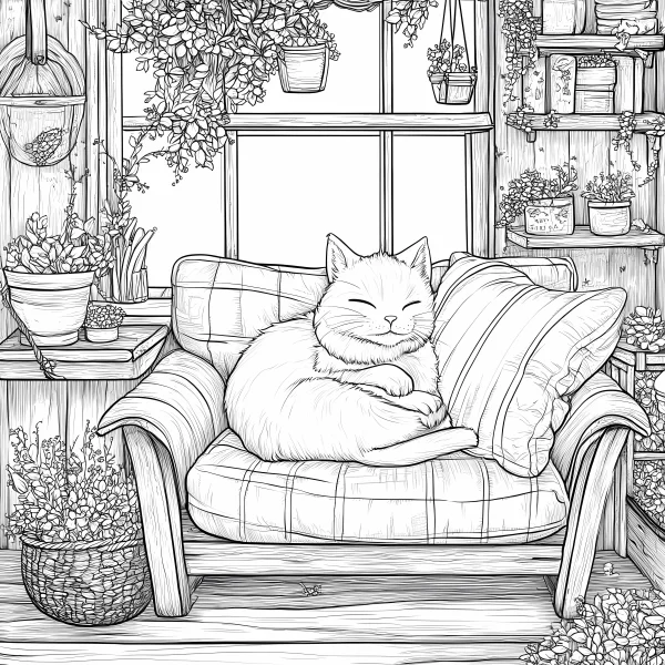 Sleeping chubby cat on plaid sofa, cozy indoor scene with various potted plants and hanging greens — free printable natural plants coloring book page
