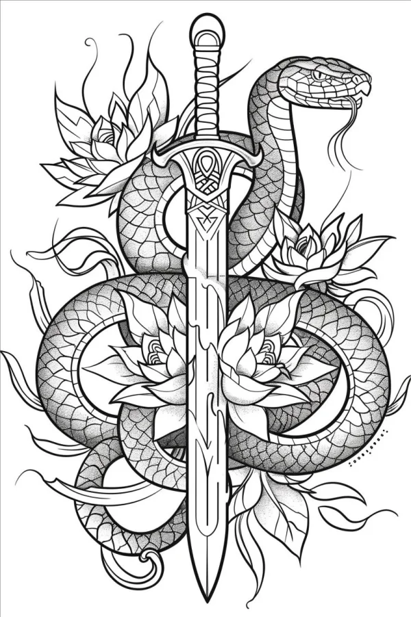Snake coiled around sword with lotus flowers, tattoo art style — free printable totem coloring book page