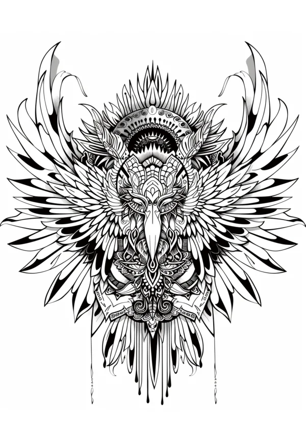 Ornate totem-style mythical bird, fantasy art style — free printable totem coloring book page