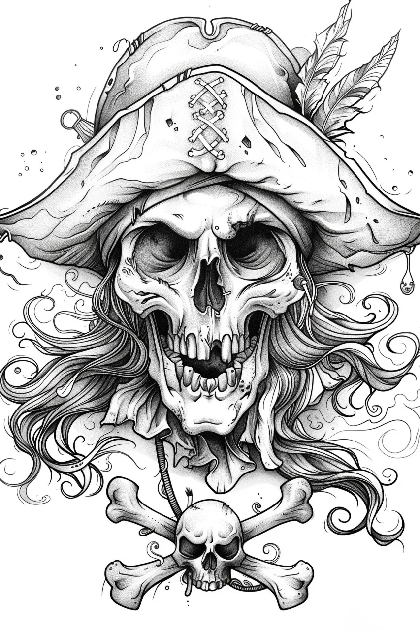 Pirate skull with tricorn hat and curly long hair, gothic art style — highly detailed — line art coloring page — for teens and adults