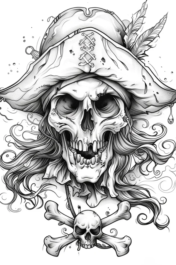 Pirate skull with tricorn hat and curly long hair, gothic art style — free printable pirate coloring book page