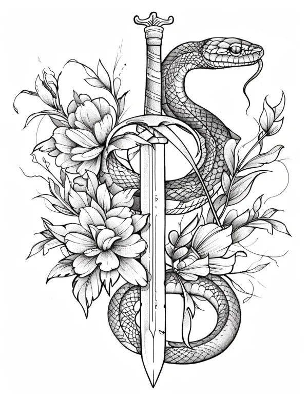 Snake wrapped around sword with peonies and vines, sketch style — free printable items coloring book page
