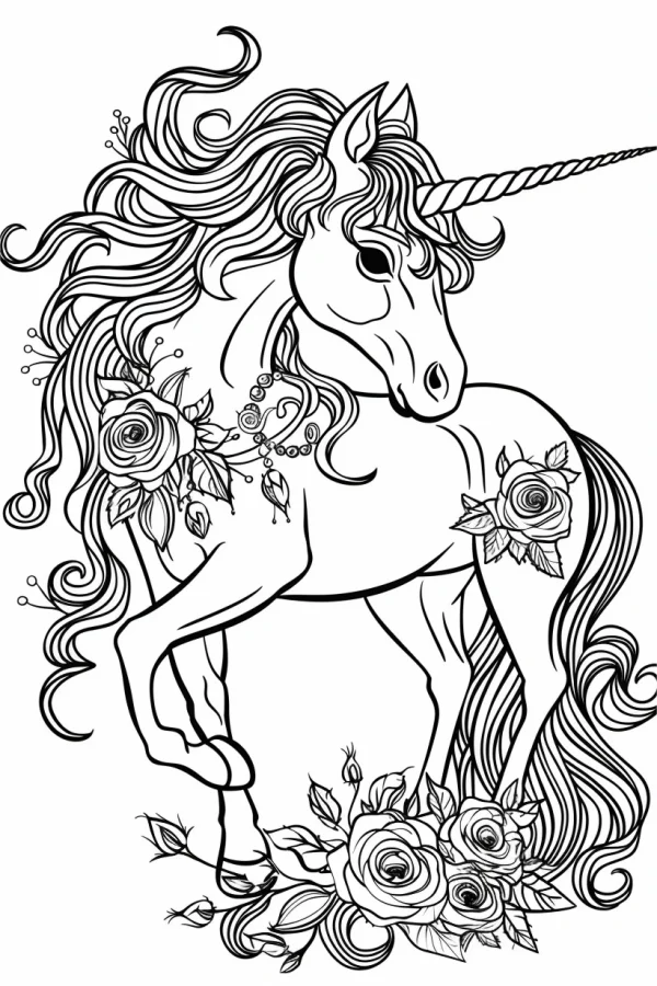 Decorated unicorn with roses, cartoon style — free printable unicorn coloring book page