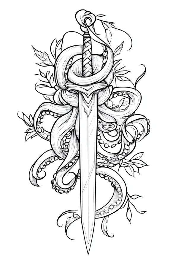 Octopus wrapped around a sword, sketch fantasy style — free printable weapons coloring book page