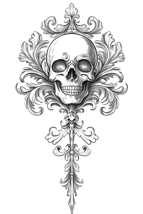 Baroque decorated human skull with small skull ornament, gothic horror style — free printable baroque coloring book page