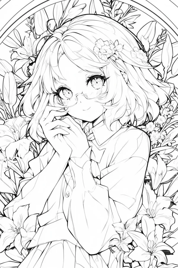 Cartoon girl with glasses surrounded by lilies and various flowers, fairy tale style — free coloring book page