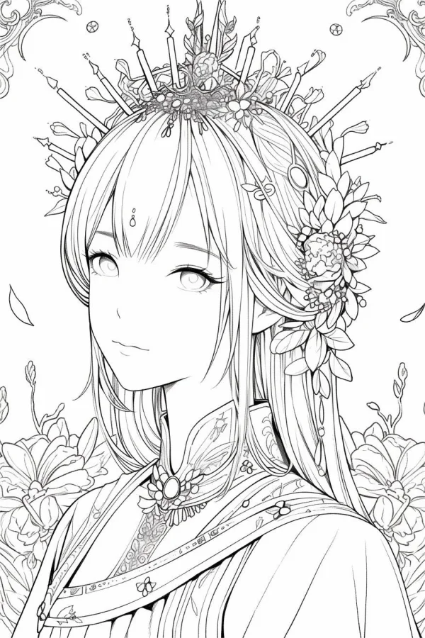 Chinese style fairy with elaborate floral crown and hair ornaments, anime illustration style — free printable fairy coloring book page