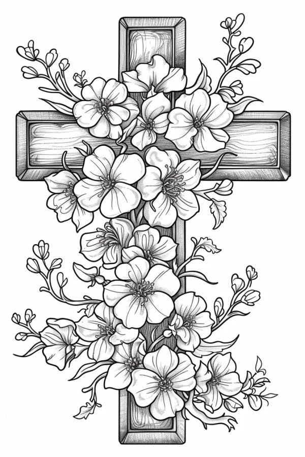 Wooden cross surrounded by blooming flowers and branches, line art style — free printable religious elements coloring book page