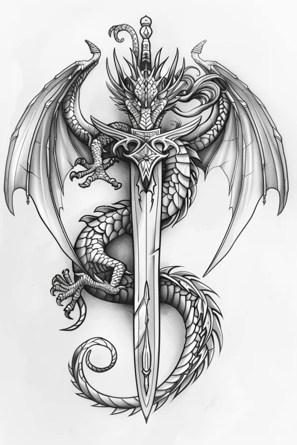Fantasy dragon wrapped around a sword, tattoo style — free printable dragon coloring book page