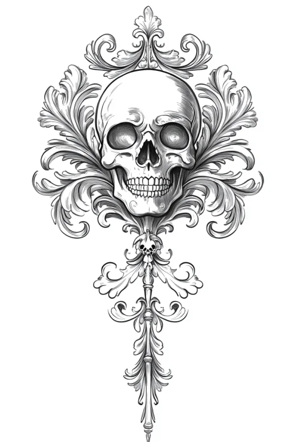Baroque decorative skull with small mini skull, baroque art style — free printable baroque coloring book page