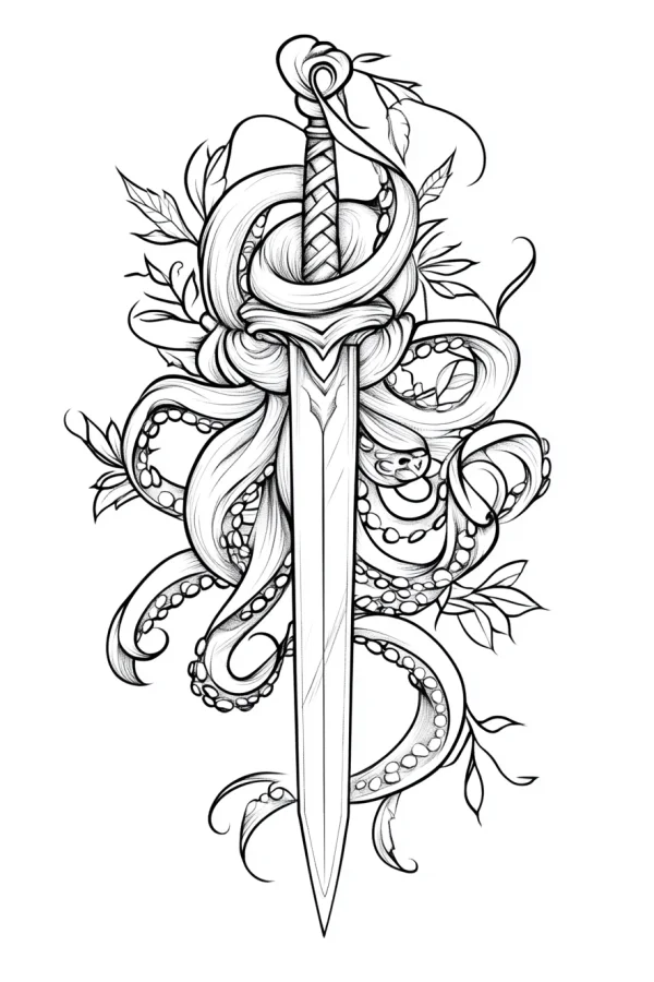 Sword wrapped by octopus tentacles with leaves and vines, tattoo style — free printable weapons coloring book page