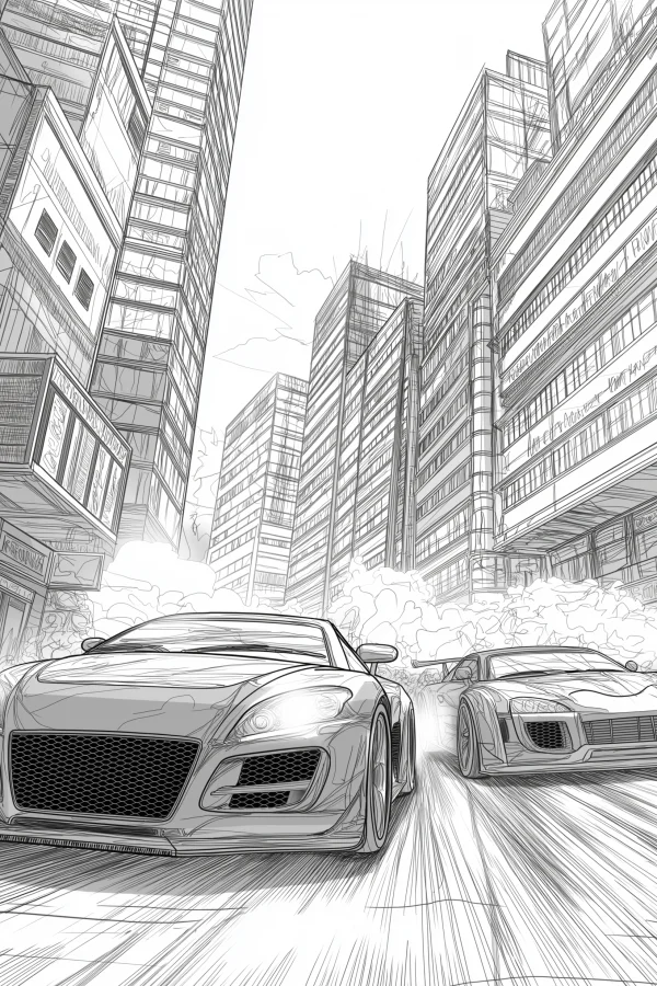 Two sports cars racing through modern urban skyscrapers, realistic sketch style — free printable modern city coloring book page