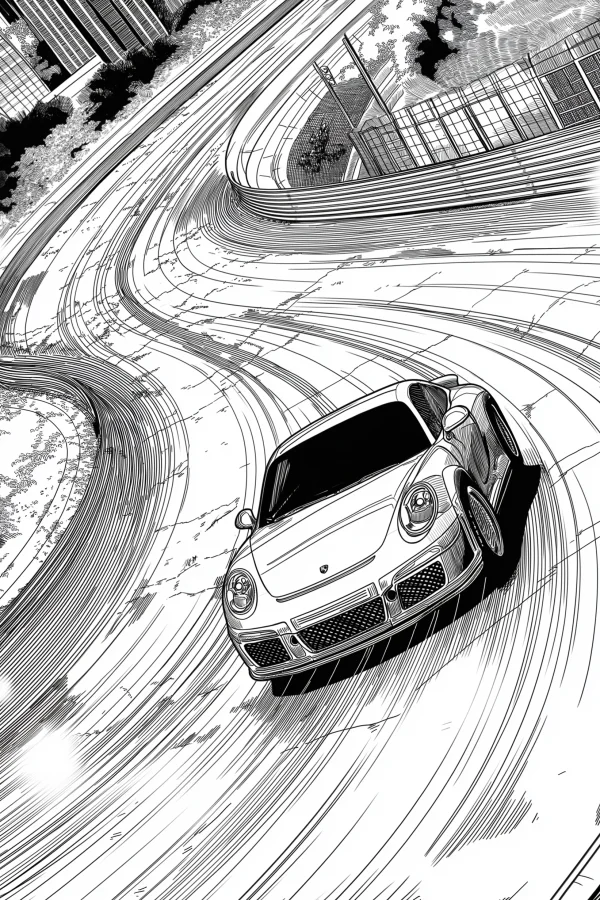 Sports car on a winding race track, manga style — free printable racing coloring book page