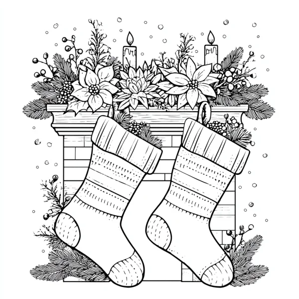 Christmas stockings hanging on fireplace with poinsettias, candles — free printable home scene coloring book page