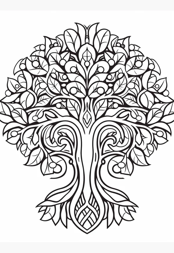 Celtic style tree of life, intricate symmetrical line art with detailed leaves — free printable celtic culture coloring book page