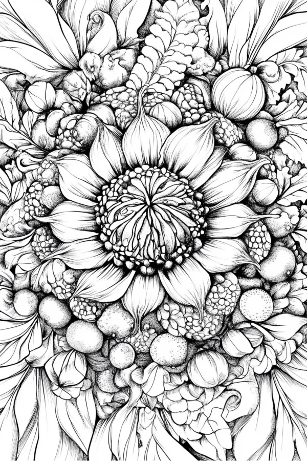 Central flower surrounded by assorted fruits and botanical elements, black and white intricate line art — free printable fruit coloring book page