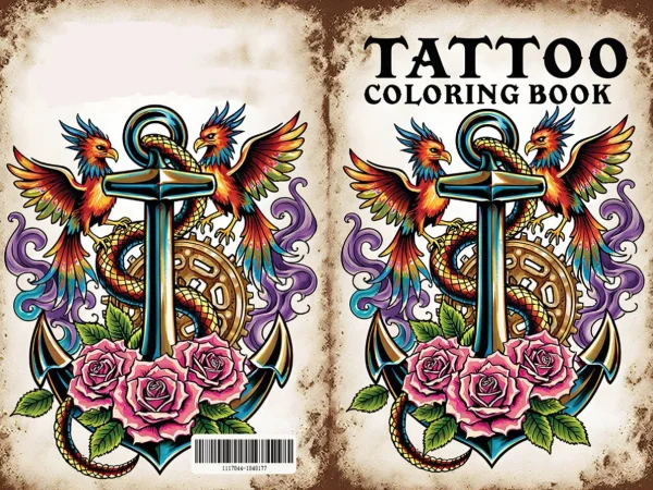 Cover of tattoo coloring book, tattoo-style anchor paired with two phoenixes — free printable tattoo coloring book page