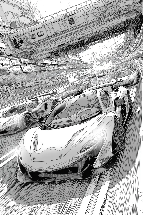Leading racing car in urban street track, realistic illustration style — free printable racing coloring book page