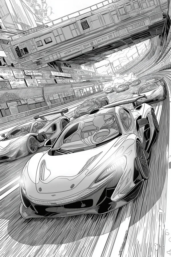 Group of sports cars racing on urban track, realistic illustration style — free printable racing coloring book page