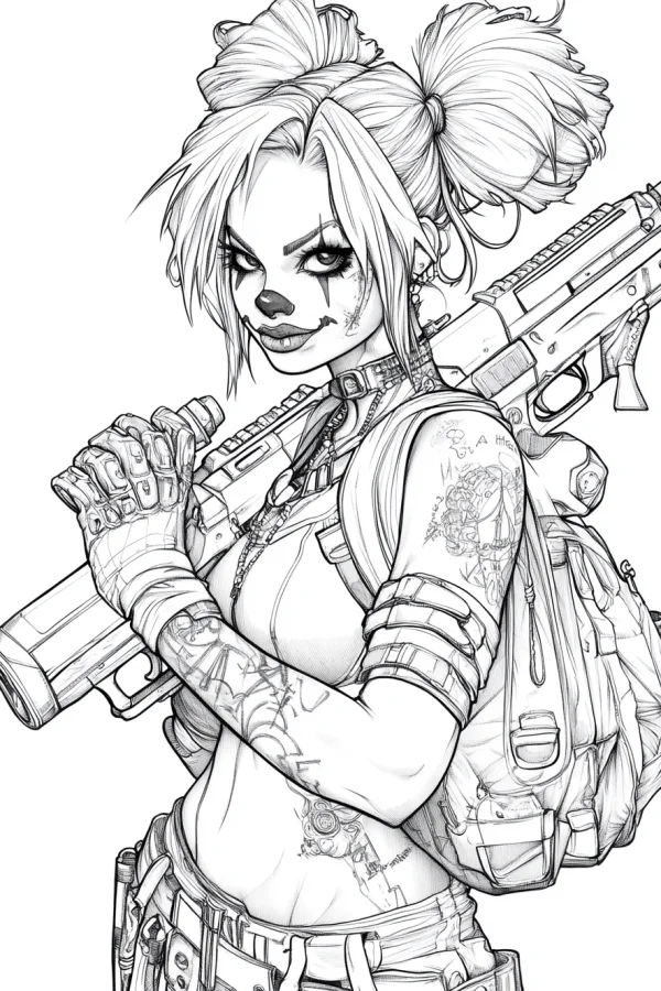 Anime style clown girl (harley quinn) holding a rifle, with backpack — free printable violence coloring book page