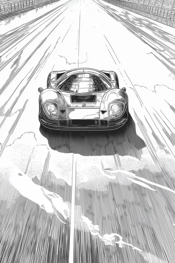 Vintage racing car on race track, line art and realistic style — free printable racing coloring book page