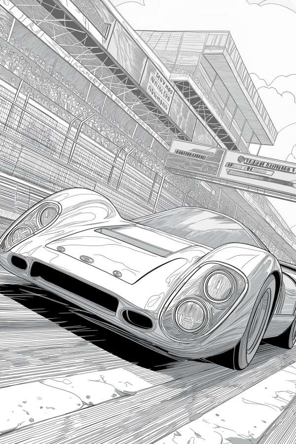 Vintage race car on track, realistic sketch style — free printable racing coloring book page