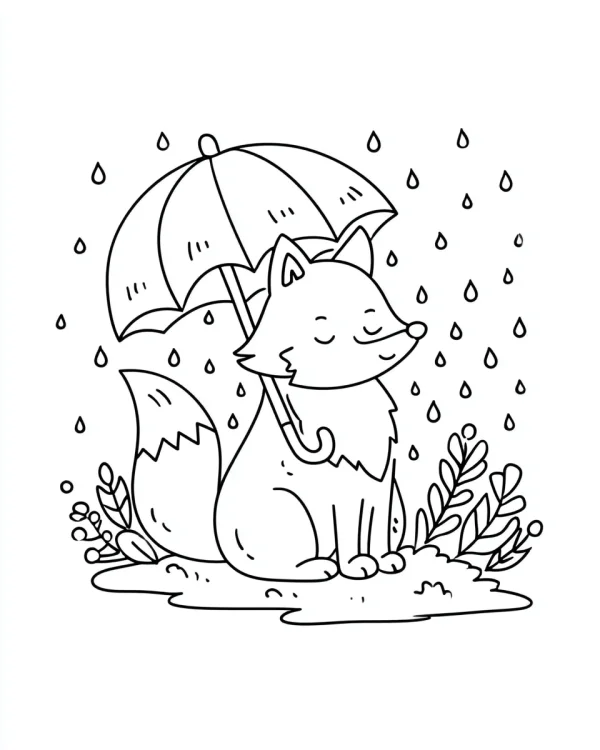 Fox holding an umbrella, cartoon style — free printable rainy season coloring book page