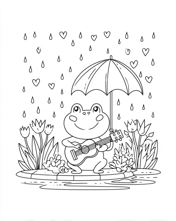 Cute frog holding umbrella and playing guitar, cartoon style — free printable rainy season coloring book page