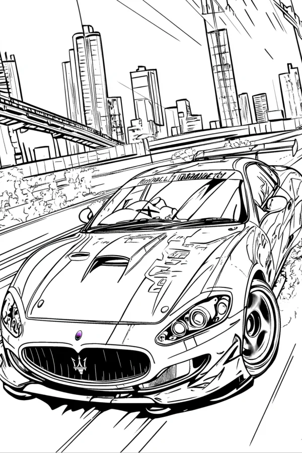 Modified racing car on urban road, realistic illustration style — free printable racing coloring book page