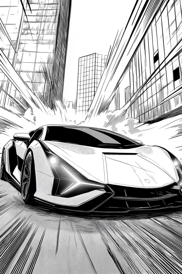 Super sports car racing through city street, manga style — free printable racing coloring book page
