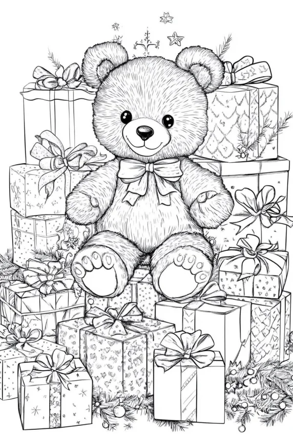 Cute teddy bear sitting on a pile of christmas gift boxes, cartoon style — free printable gift coloring book page