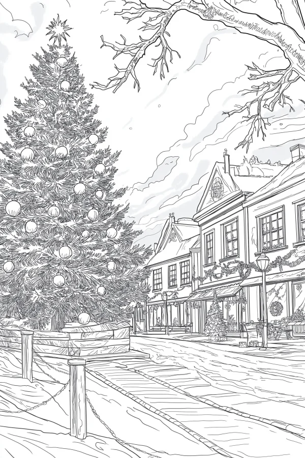Christmas town street with a large decorated christmas tree, european-american style — free printable town scene coloring book page