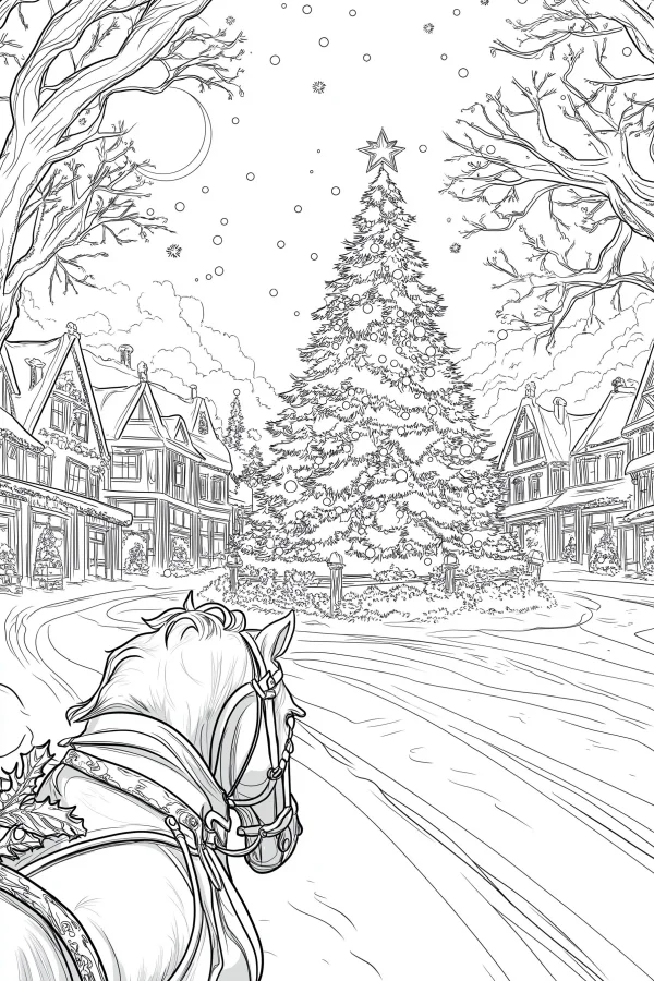 Horse on snowy town street with decorated christmas tree, winter christmas theme — free printable town life coloring book page