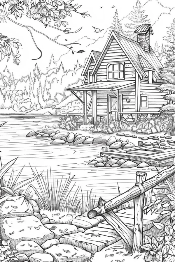 Lakeside country cabin, realistic line art style — free printable lakes coloring book page