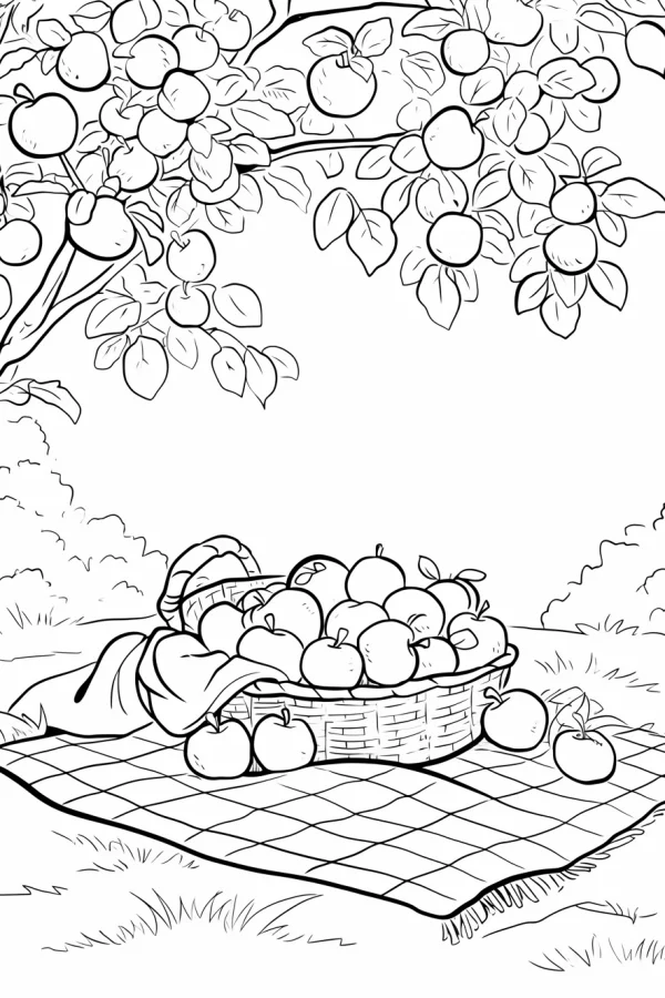 Picnic basket full of apples under apple tree, realistic line art — free printable fruit coloring book page