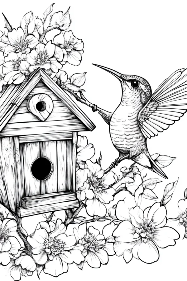 Hummingbird with wooden birdhouse and blooming flowers, realistic sketch line art style — free printable birds coloring book page