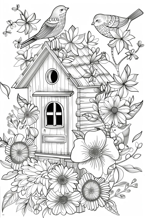 Coloring book page, birdhouse surrounded by various flowers and three small birds — free printable birds coloring book page