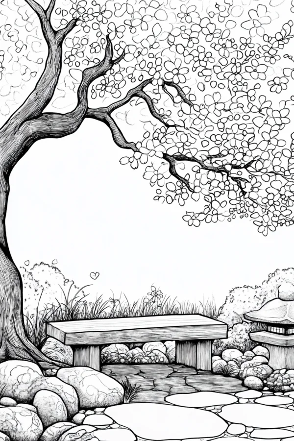 Blooming tree with garden bench, realistic line art — free printable courtyard coloring book page